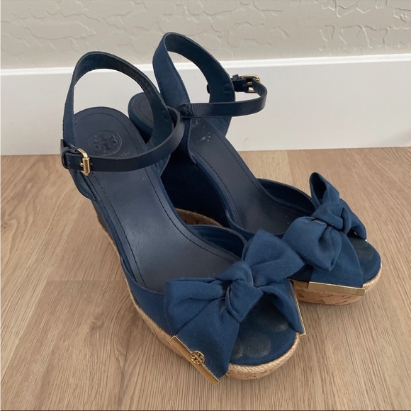 Pre Owned Tory Burch Navy Blue Bow Espadrille Wedge Sandals Sz 9 - Picture 5 of 8